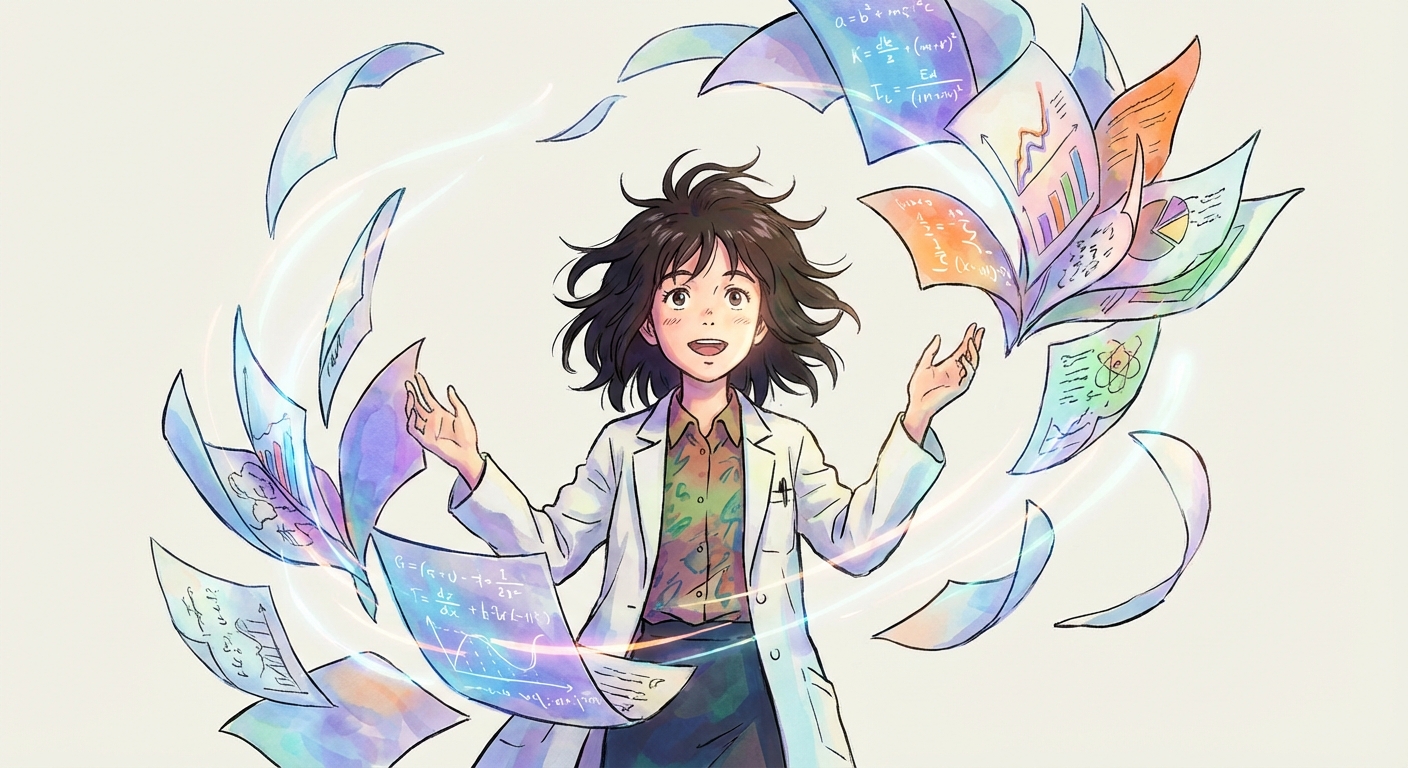 A researcher stands amid a bloom of papers, equations, and data swirling around her in mid-air, capturing the visual moment of moving at the speed of thought.